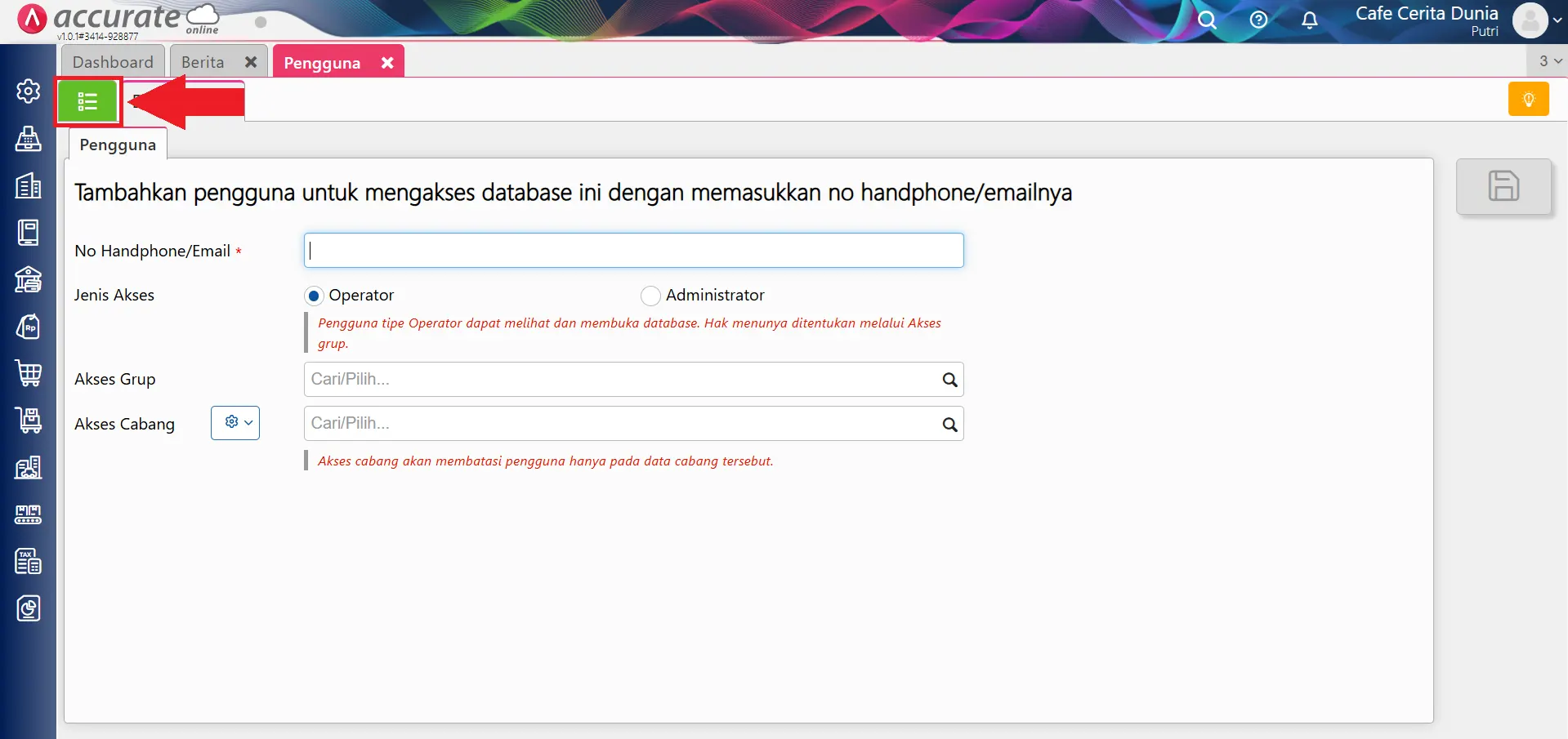 menu tidak tampil di Data Usaha operator